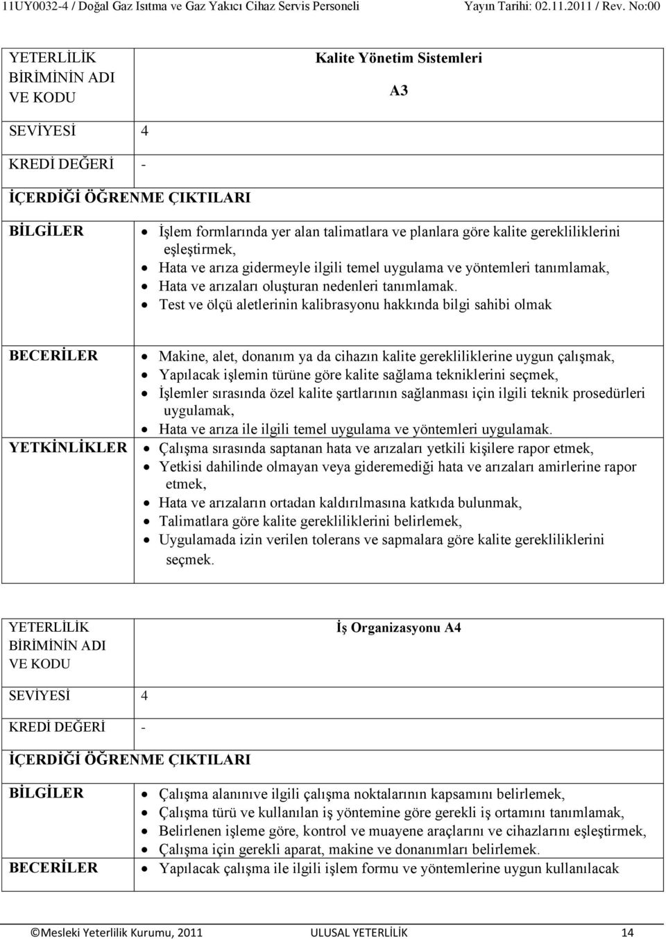 Test ve ölçü aletlerinin kalibrasyonu hakkında bilgi sahibi olmak BECERĠLER YETKĠNLĠKLER Makine, alet, donanım ya da cihazın kalite gerekliliklerine uygun çalıģmak, Yapılacak iģlemin türüne göre