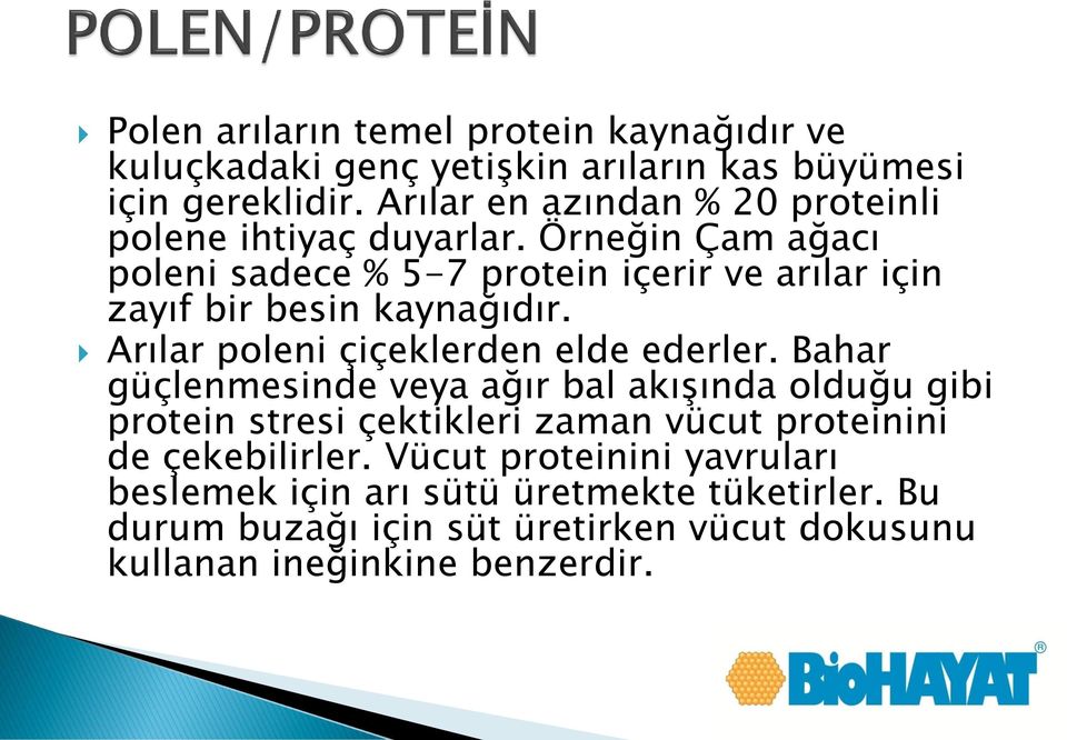 Örneğin Çam ağacı poleni sadece % 5-7 protein içerir ve arılar için zayıf bir besin kaynağıdır. Arılar poleni çiçeklerden elde ederler.