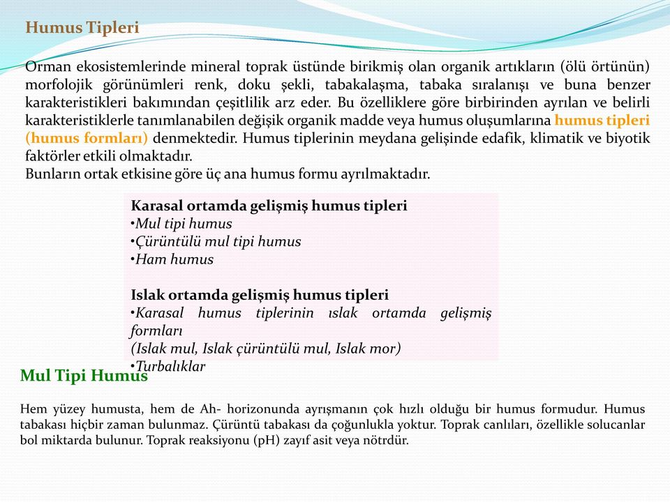 Bu özelliklere göre birbirinden ayrılan ve belirli karakteristiklerle tanımlanabilen değişik organik madde veya humus oluşumlarına humus tipleri (humus formları) denmektedir.