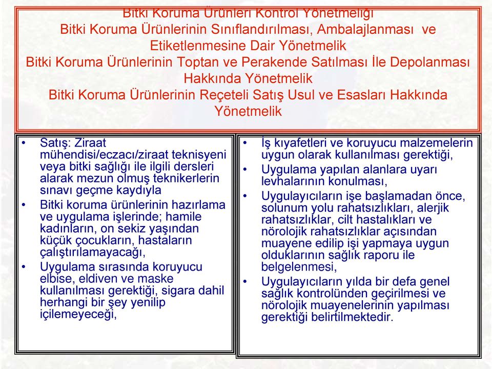 alarak mezun olmuş teknikerlerin sınavı geçme kaydıyla Bitki koruma ürünlerinin hazırlama ve uygulama işlerinde; hamile kadınların, on sekiz yaşından küçük çocukların, hastaların çalıştırılamayacağı,