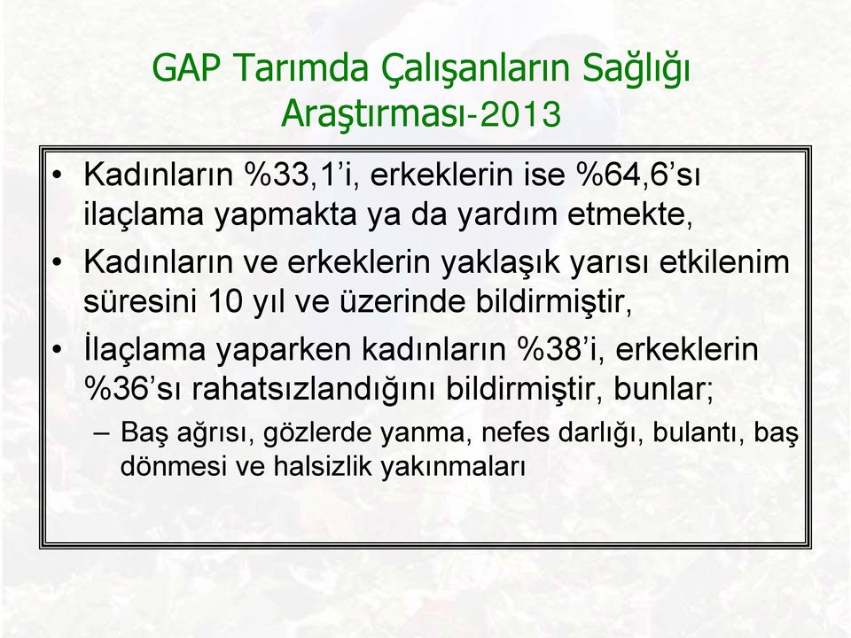 üzerinde bildirmiştir, İlaçlama yaparken kadınların %38 i, erkeklerin %36 sı rahatsızlandığını