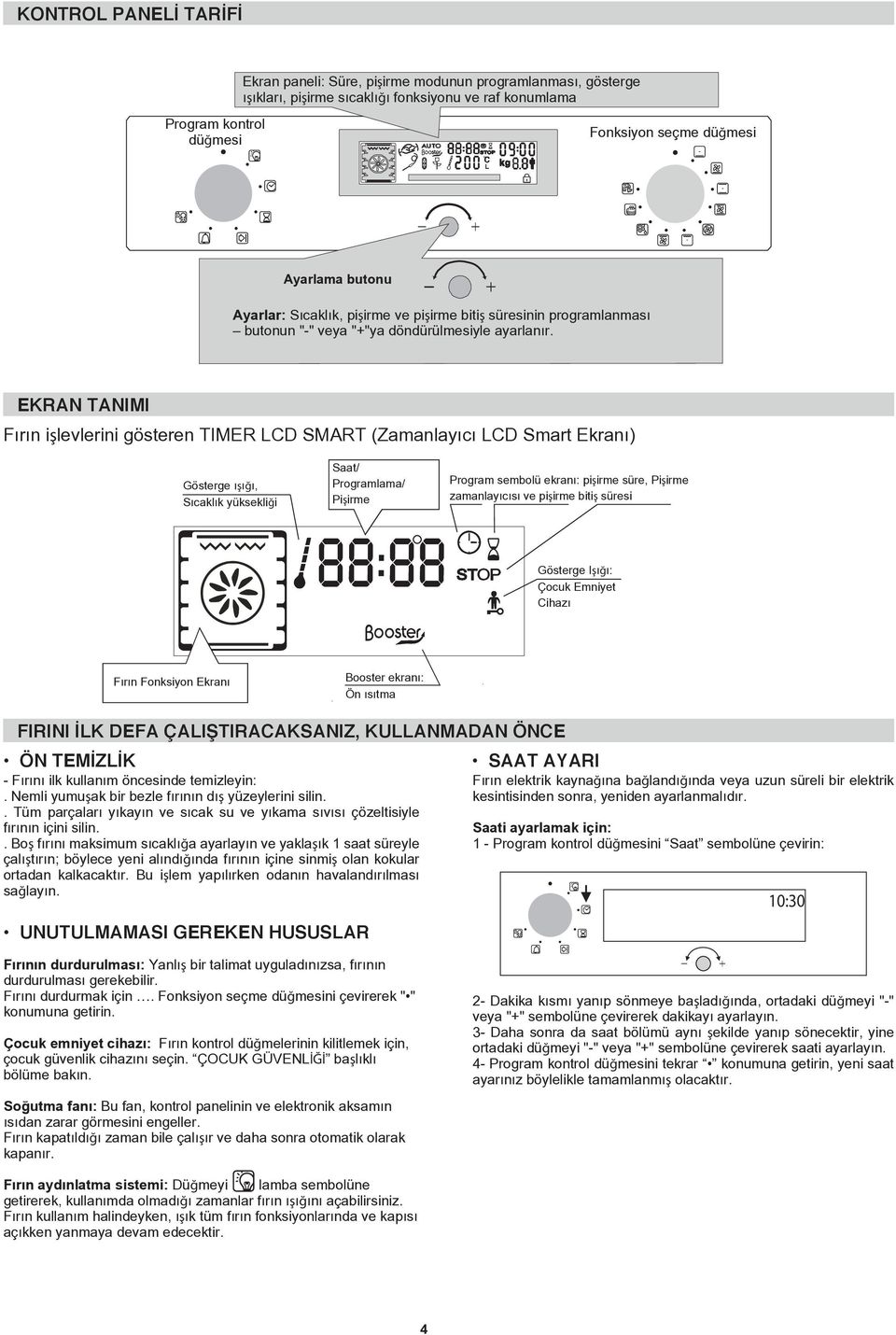 EKRAN TANIMI Fırın işlevlerini gösteren TIMER LCD SMART (Zamanlayıcı LCD Smart Ekranı) Gösterge ışığı, Sıcaklık yüksekliği Saat/ Programlama/ Pişirme Program sembolü ekranı: pişirme süre, Pişirme