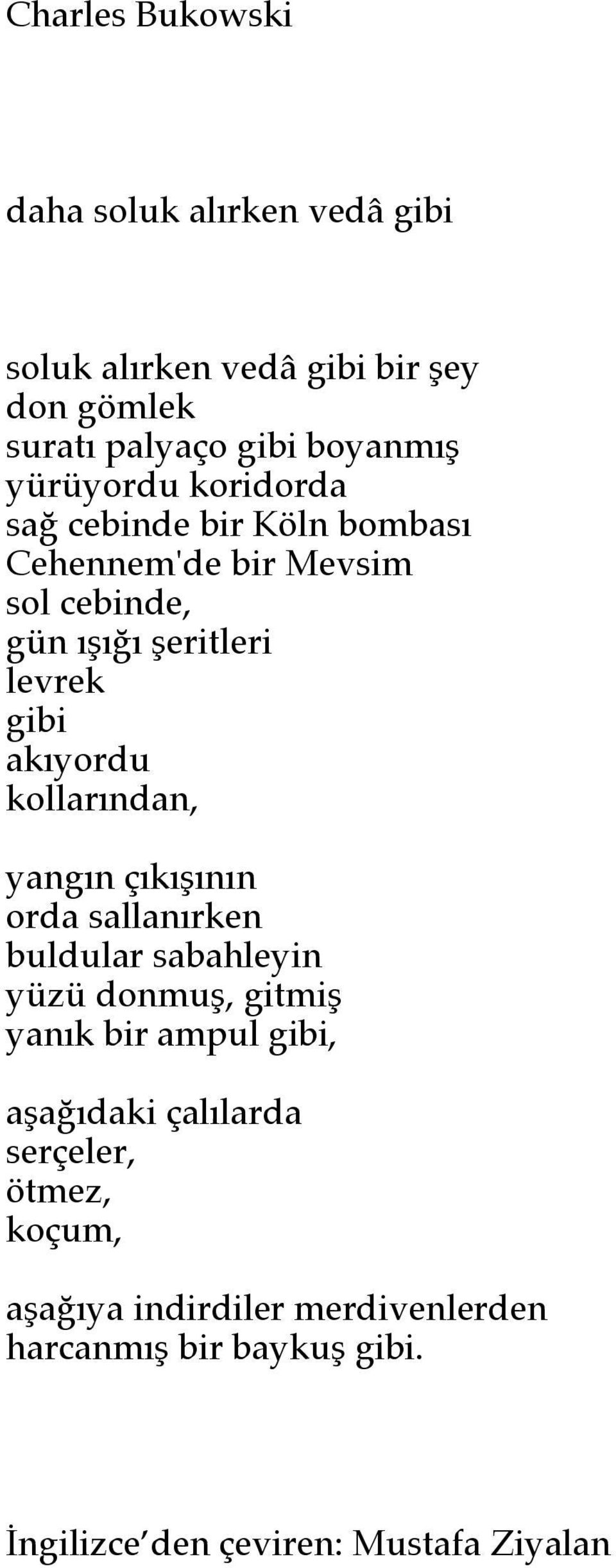 levrek gibi akıyordu kollarından, yangın çıkışının orda sallanırken buldular sabahleyin yüzü donmuş, gitmiş