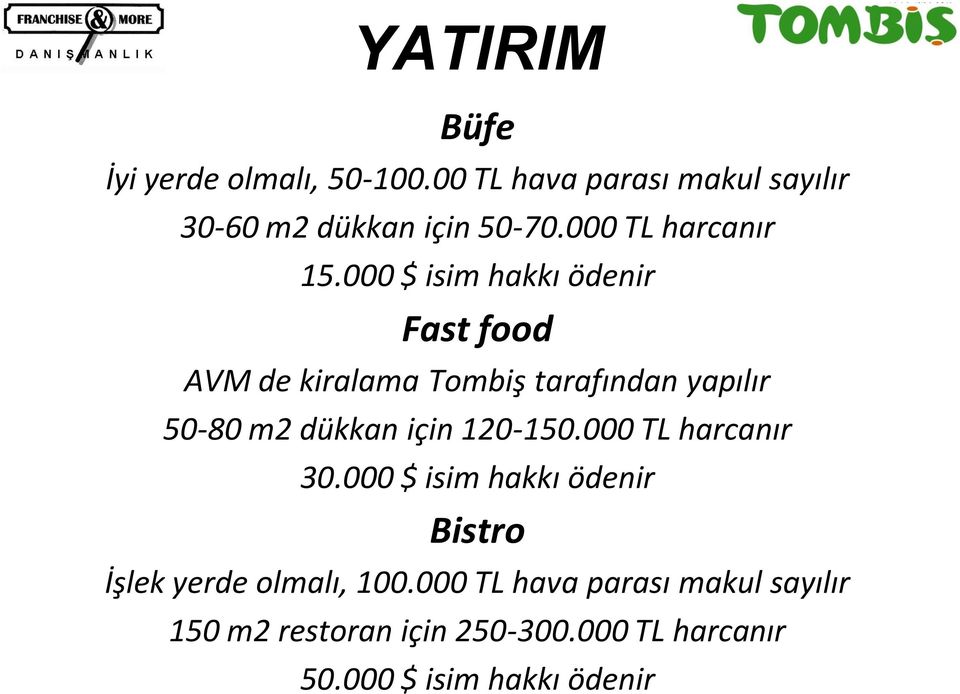 000 $ isim hakkı ödenir Fast food AVM de kiralama Tombiş tarafından yapılır 50-80 m2 dükkan için