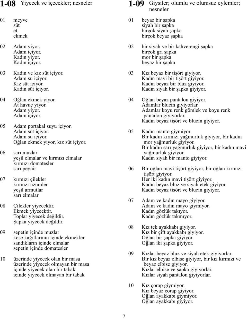 Oğlan ekmek yiyor, kız süt içiyor. 06 sarı muzlar yeşil elmalar ve kırmızı elmalar kırmızı domatesler sarı peynir 07kırmızı çilekler kırmızı üzümler yeşil armutlar sarı elmalar 08 Çilekler yiyecektir.