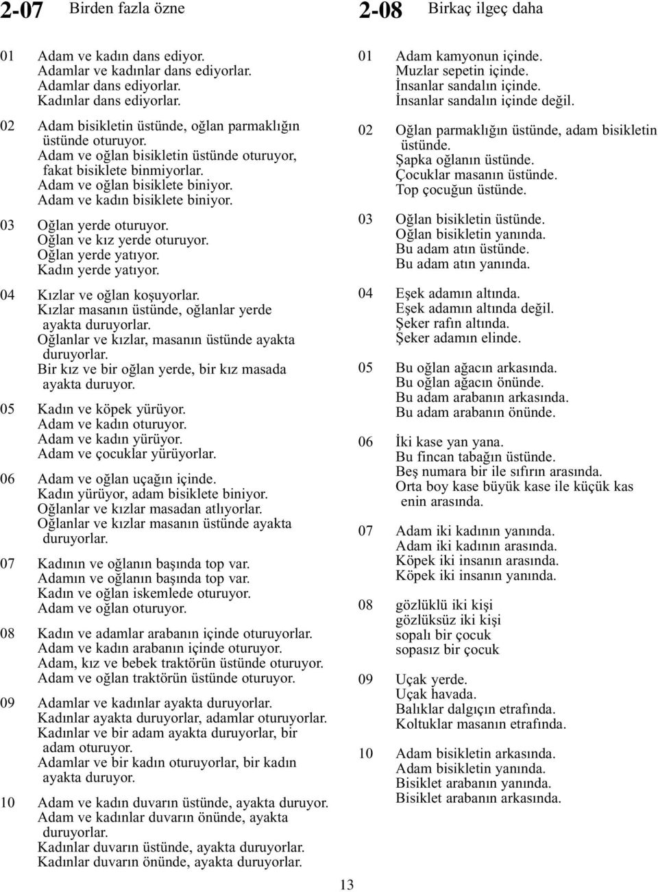 Adam ve kadın bisiklete biniyor. 03 Oğlan yerde oturuyor. Oğlan ve kız yerde oturuyor. Oğlan yerde yatıyor. Kadın yerde yatıyor. 04 Kızlar ve oğlan koşuyorlar.