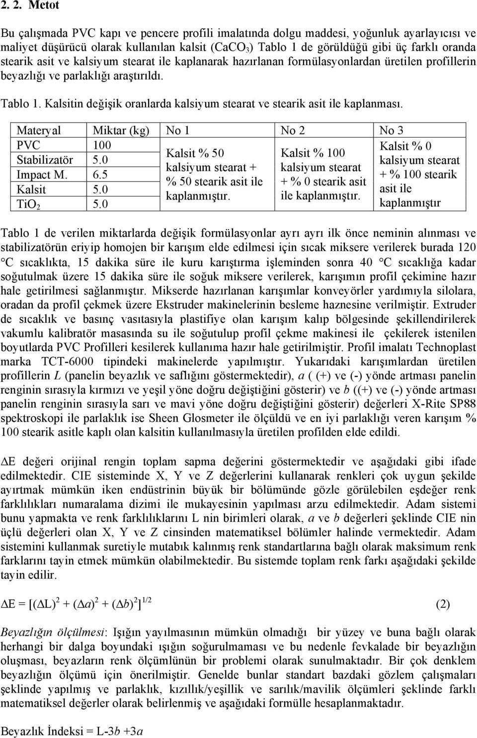 Kalsitin değişik oranlarda kalsiyum stearat ve stearik asit ile kaplanması. Materyal Miktar (kg) No 1 No 2 No 3 PVC 100 Kalsit % 0 Kalsit % 50 Kalsit % 100 Stabilizatör 5.