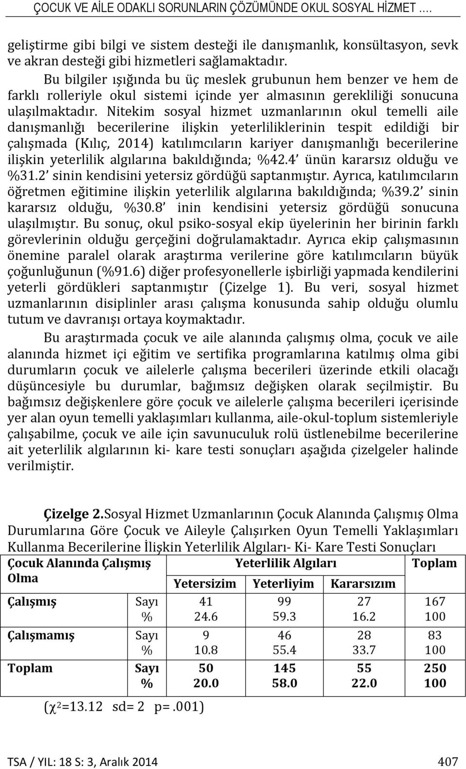 Nitekim sosyal hizmet uzmanlarının okul temelli aile danışmanlığı becerilerine ilişkin yeterliliklerinin tespit edildiği bir çalışmada (Kılıç, 2014) katılımcıların kariyer danışmanlığı becerilerine