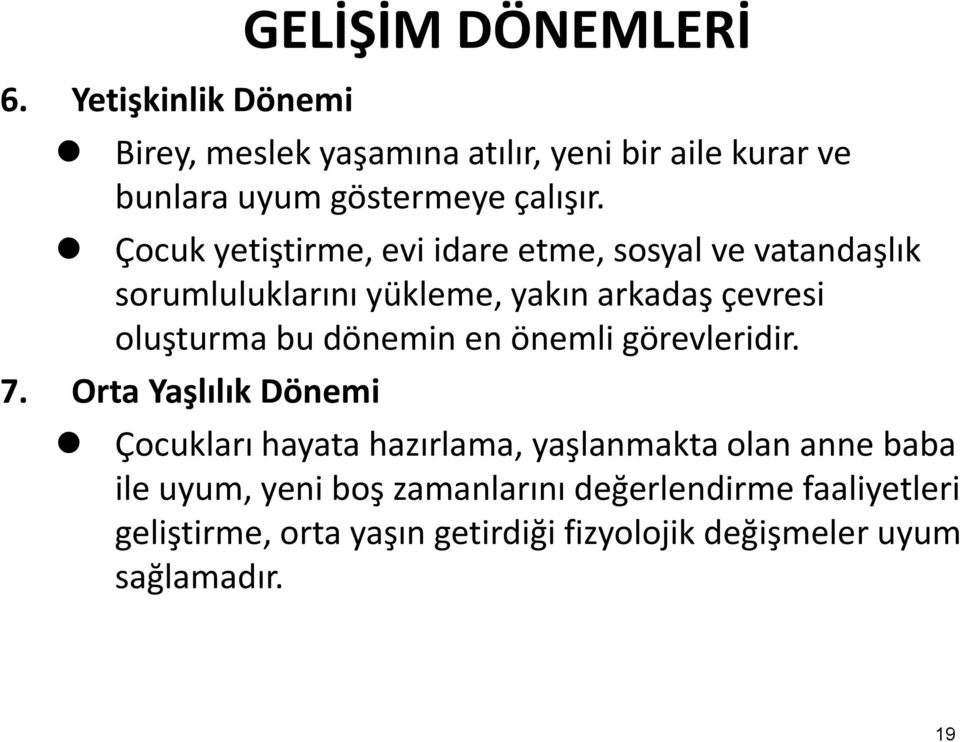 Çocuk yetiştirme, evi idare etme, sosyal ve vatandaşlık sorumluluklarını yükleme, yakın arkadaş çevresi oluşturma bu