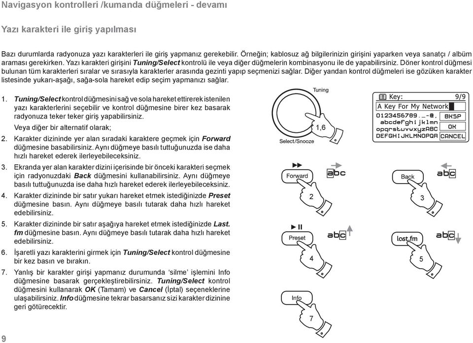 Yazı karakteri girişini Tuning/Select kontrolü ile veya diğer düğmelerin kombinasyonu ile de yapabilirsiniz.