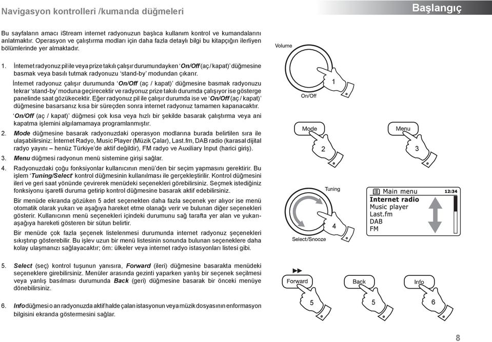. İnternet radyonuz pil ile veya prize takılı çalışır durumundayken On/Off (aç / kapat) düğmesine basmak veya basılı tutmak radyonuzu stand-by modundan çıkarır.