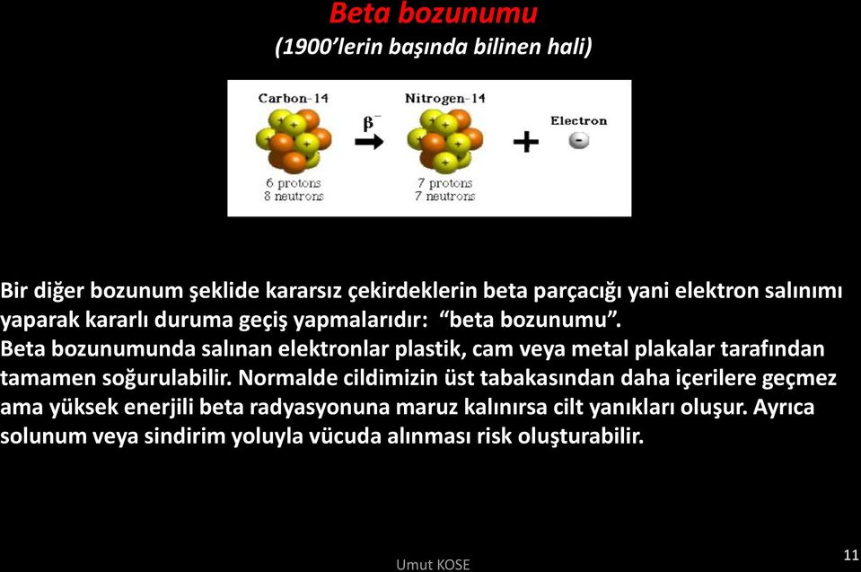 Beta bozunumunda salınan elektronlar plastik, cam veya metal plakalar tarafından tamamen soğurulabilir.