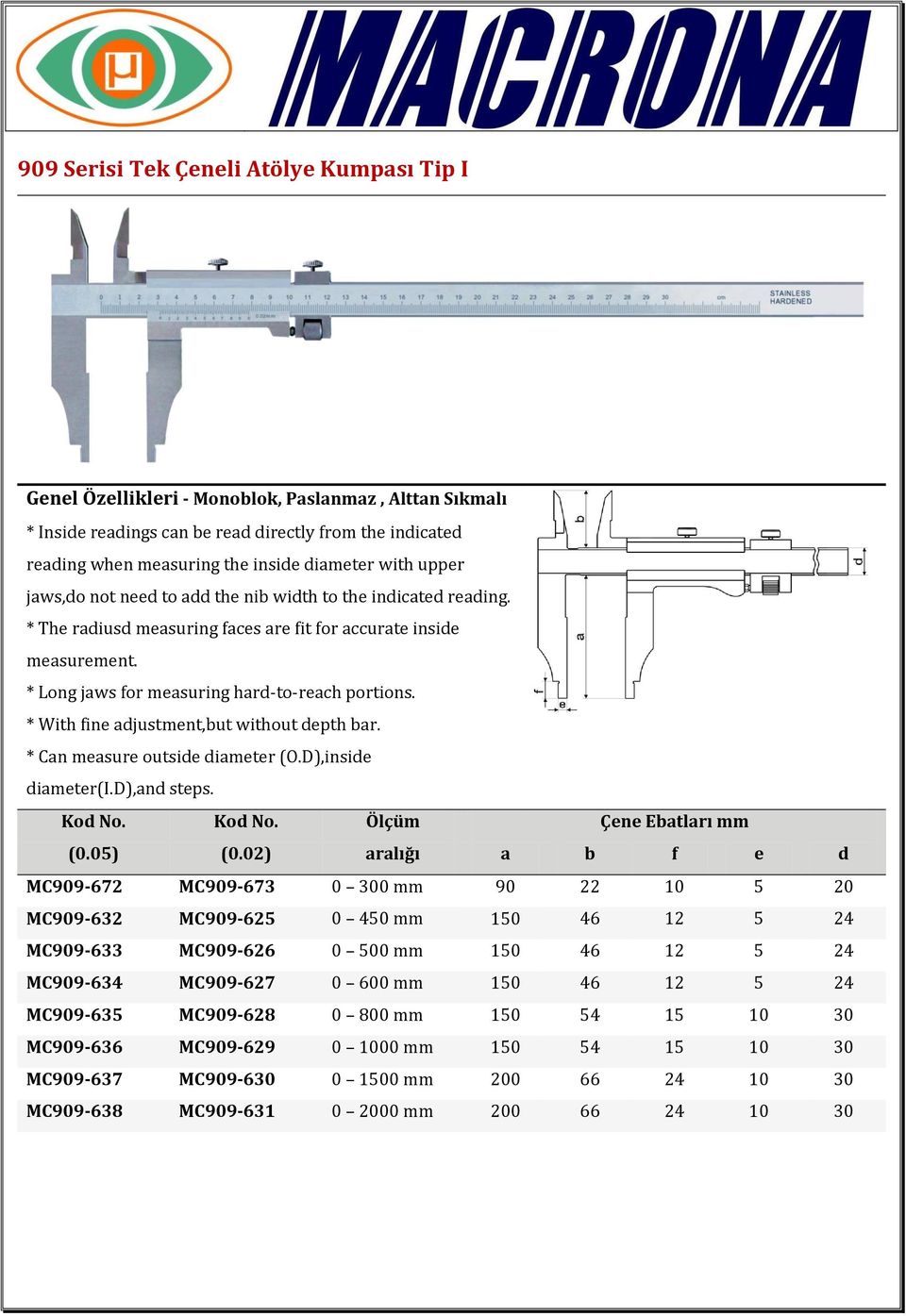 * With fine adjustment,but without depth bar. * Can measure outside diameter (O.D),inside diameter(i.d),and steps. Kod No. Kod No. Ölçüm Çene Ebatları mm (0.05) (0.