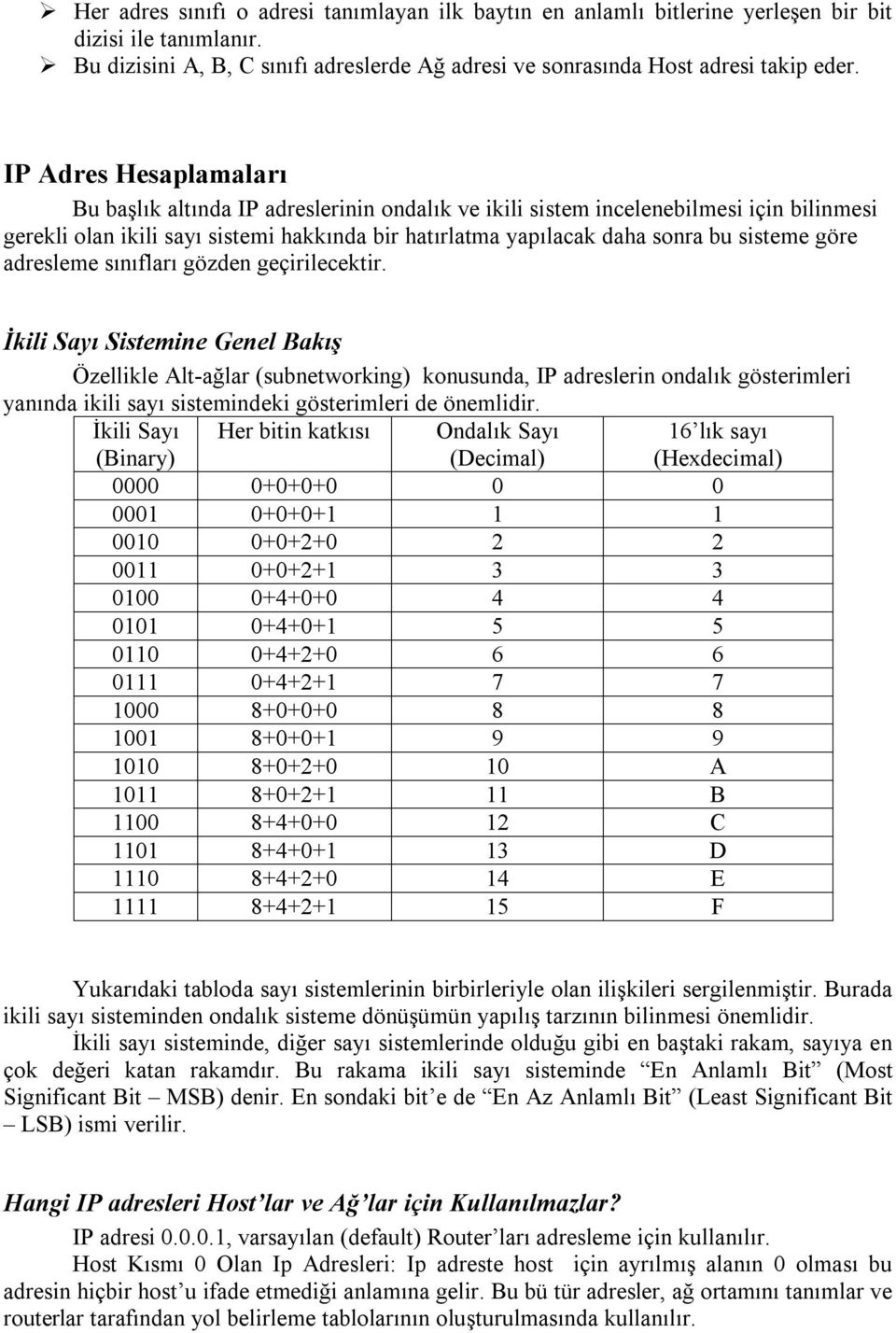 göre adresleme sınıfları gözden geçirilecektir.