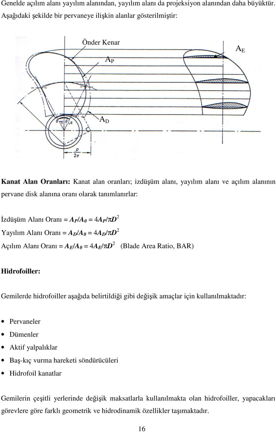 oranı olarak tanımlanırlar: İzdüşüm Alanı Oranı = A P /A 0 = 4A P /πd 2 Yayılım Alanı Oranı = A D /A 0 = 4A D /πd 2 Açılım Alanı Oranı = A E /A 0 = 4A E /πd 2 (Blade Area Ratio, BAR) Hidrofoiller: