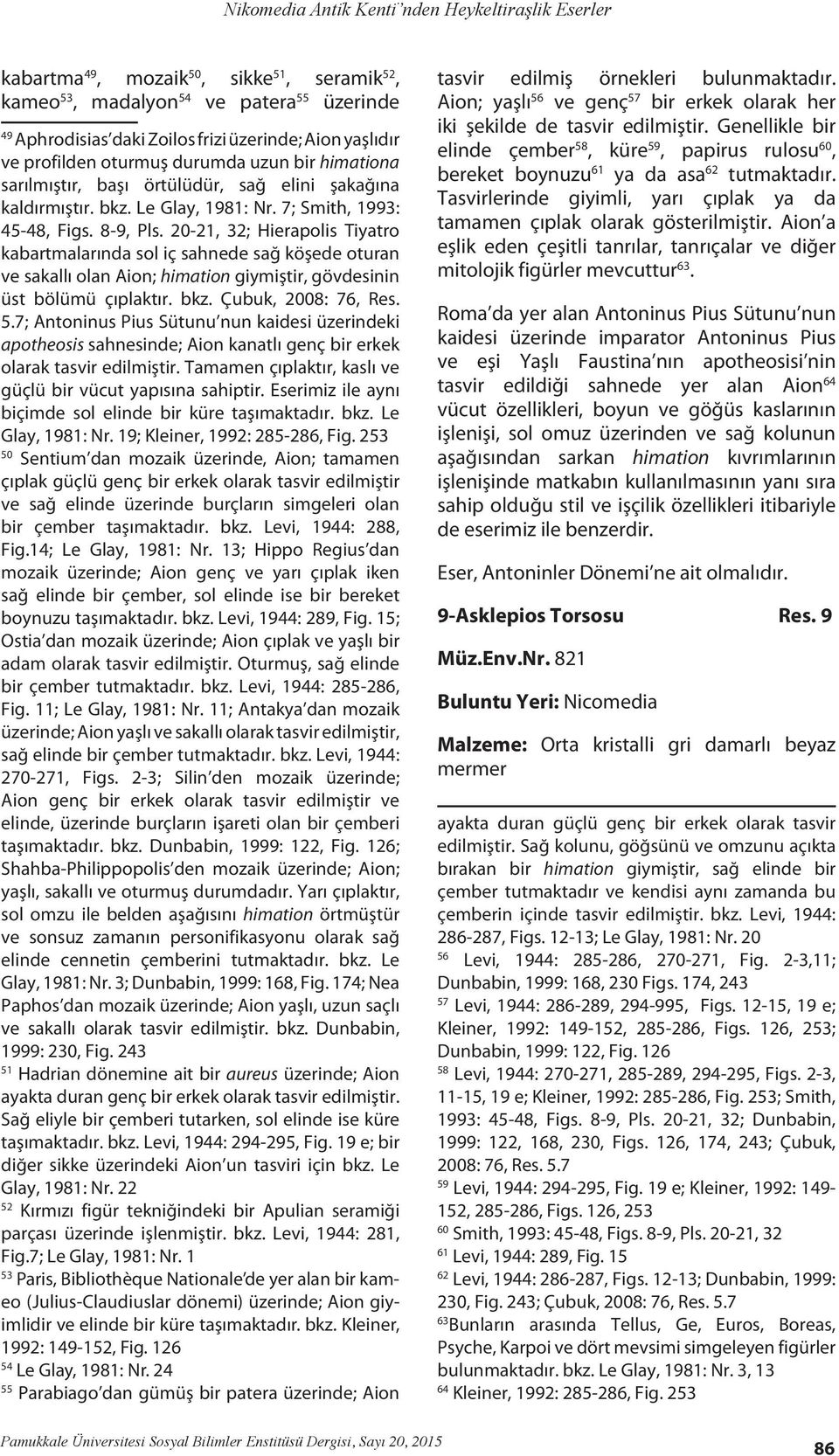 20-21, 32; Hierapolis Tiyatro kabartmalarında sol iç sahnede sağ köşede oturan ve sakallı olan Aion; himation giymiştir, gövdesinin üst bölümü çıplaktır. bkz. Çubuk, 2008: 76, Res. 5.