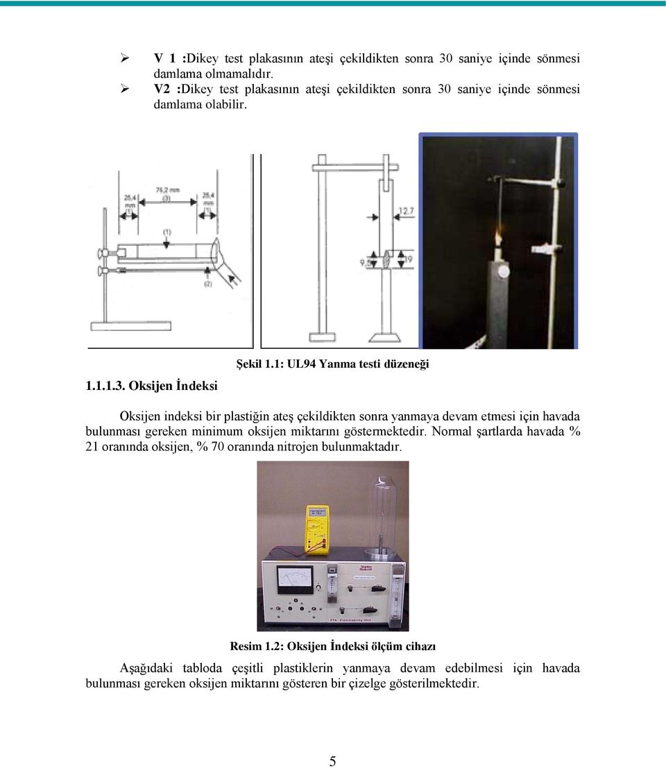 1: UL94 Yanma testi düzeneği Oksijen indeksi bir plastiğin ateş çekildikten sonra yanmaya devam etmesi için havada bulunması gereken minimum oksijen miktarını