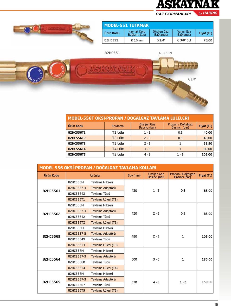 Lüle 3-6 1 82,00 82HC556T5 T5 Lüle 4-8 1-2 105,00 MODEL-556 OKSİ-PROPAN / DOĞALGAZ TAVLAMA KOLLARI 82HC556M Tavlama Mikseri Boy (mm) Oksijen Gaz Basıncı (bar) Propan / Doğalgaz Basıncı (bar)