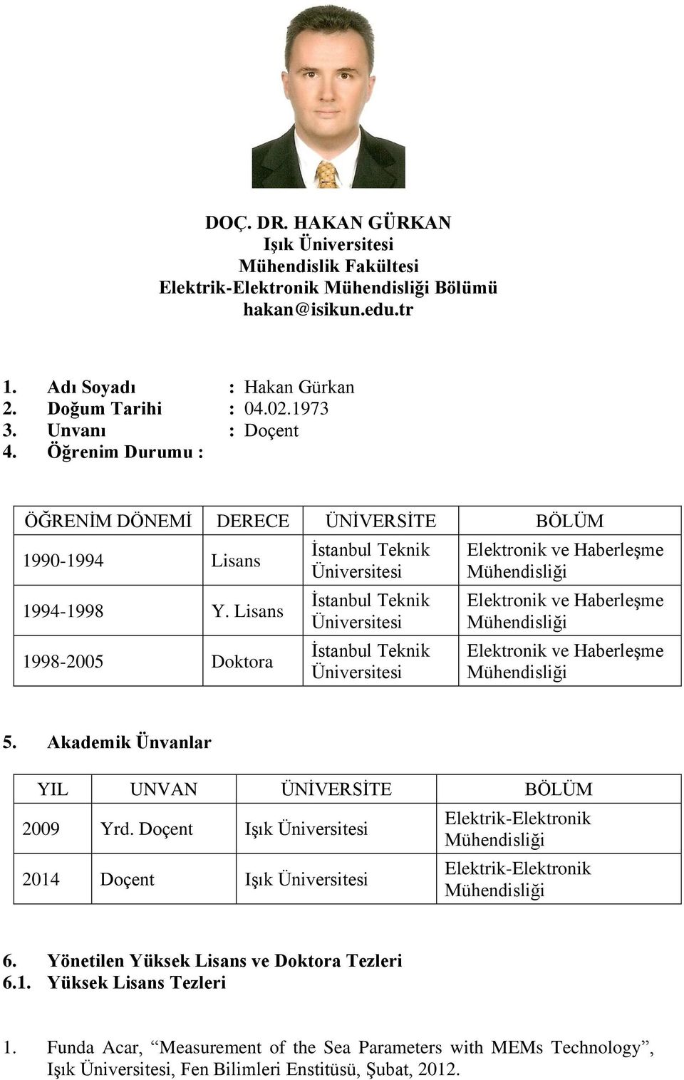 Lisans 1998-2005 Doktora İstanbul Teknik Üniversitesi İstanbul Teknik Üniversitesi İstanbul Teknik Üniversitesi Elektronik ve Haberleşme Mühendisliği Elektronik ve Haberleşme Mühendisliği Elektronik