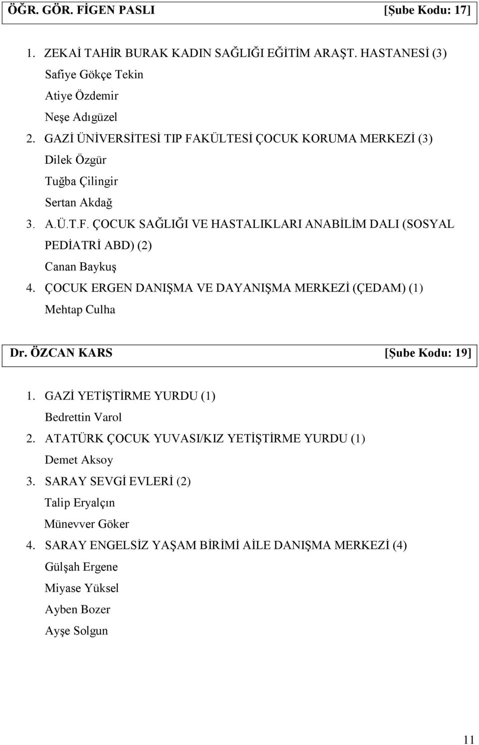 ÇOCUK ERGEN DANIŞMA VE DAYANIŞMA MERKEZİ (ÇEDAM) (1) Mehtap Culha Dr. ÖZCAN KARS [Şube Kodu: 19] 1. GAZİ YETİŞTİRME YURDU (1) Bedrettin Varol 2.