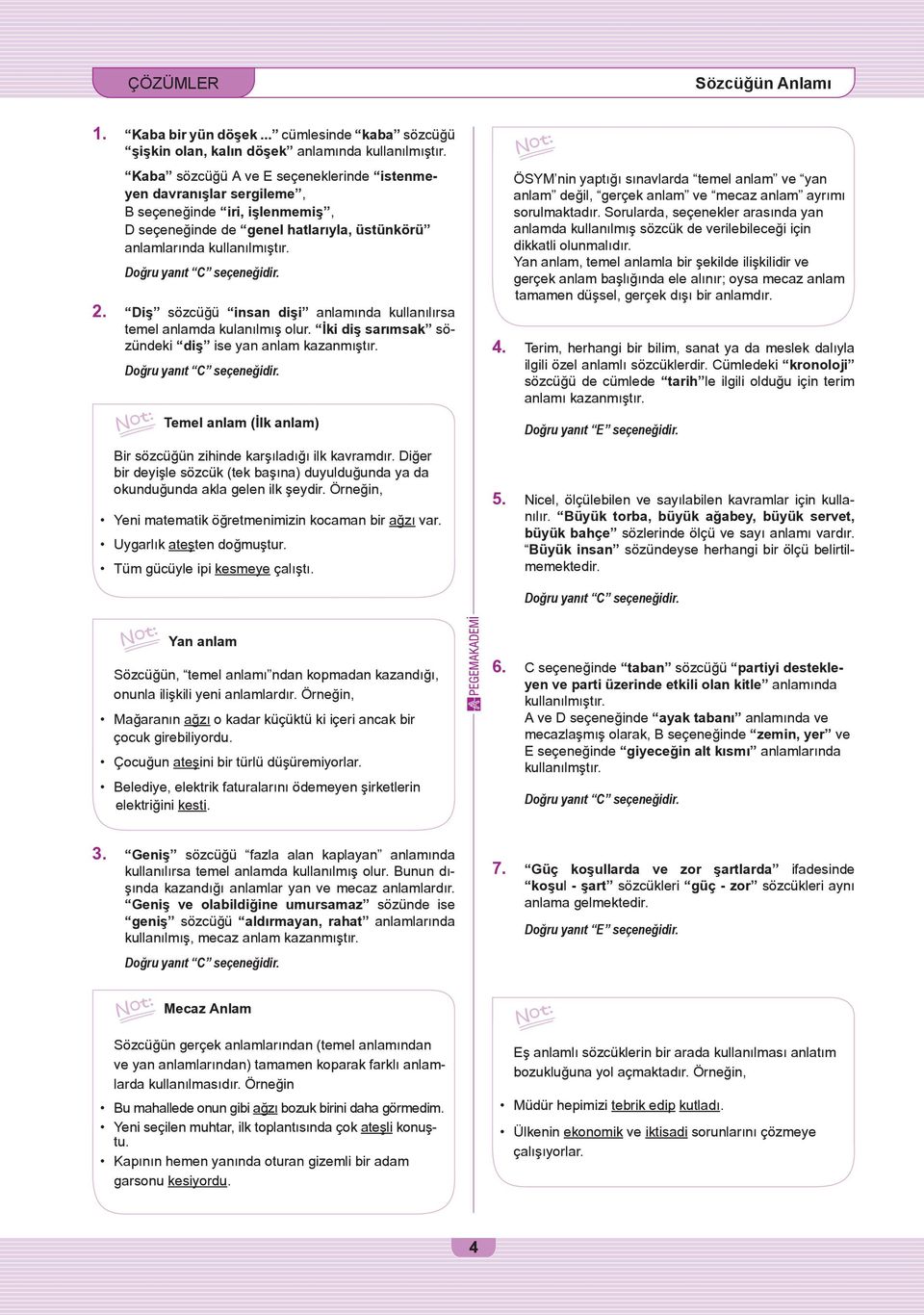 Diş sözcüğü insan dişi anlamında kullanılırsa temel anlamda kulanılmış olur. İki diş sarımsak sözündeki diş ise yan anlam kazanmıştır.