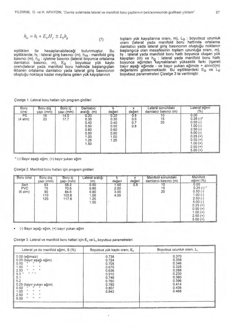 ı(lateral yada manifold boru hatt ında ba şlang ıçtan itibaren ortalama damlat ıc ı yada lateral giri ş bas ı nc ın ın olu ştu ğu noktaya kadar meydana gelen yük kay ı plar ı n ı n (7) toplam yük kay