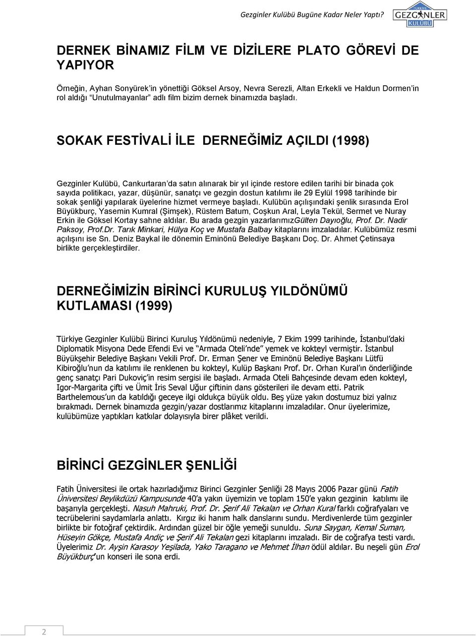 SOKAK FESTİVALİ İLE DERNEĞİMİZ AÇILDI (1998) Gezginler Kulübü, Cankurtaran da satın alınarak bir yıl içinde restore edilen tarihi bir binada çok sayıda politikacı, yazar, düşünür, sanatçı ve gezgin