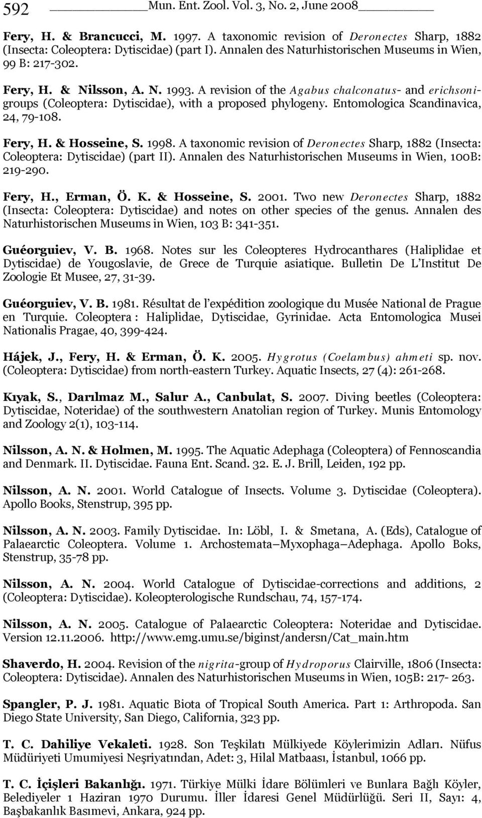 A revision of the Agabus chalconatus- and erichsonigroups (Coleoptera: Dytiscidae), with a proposed phylogeny. Entomologica Scandinavica, 24, 79-108. Fery, H. & Hosseine, S. 1998.