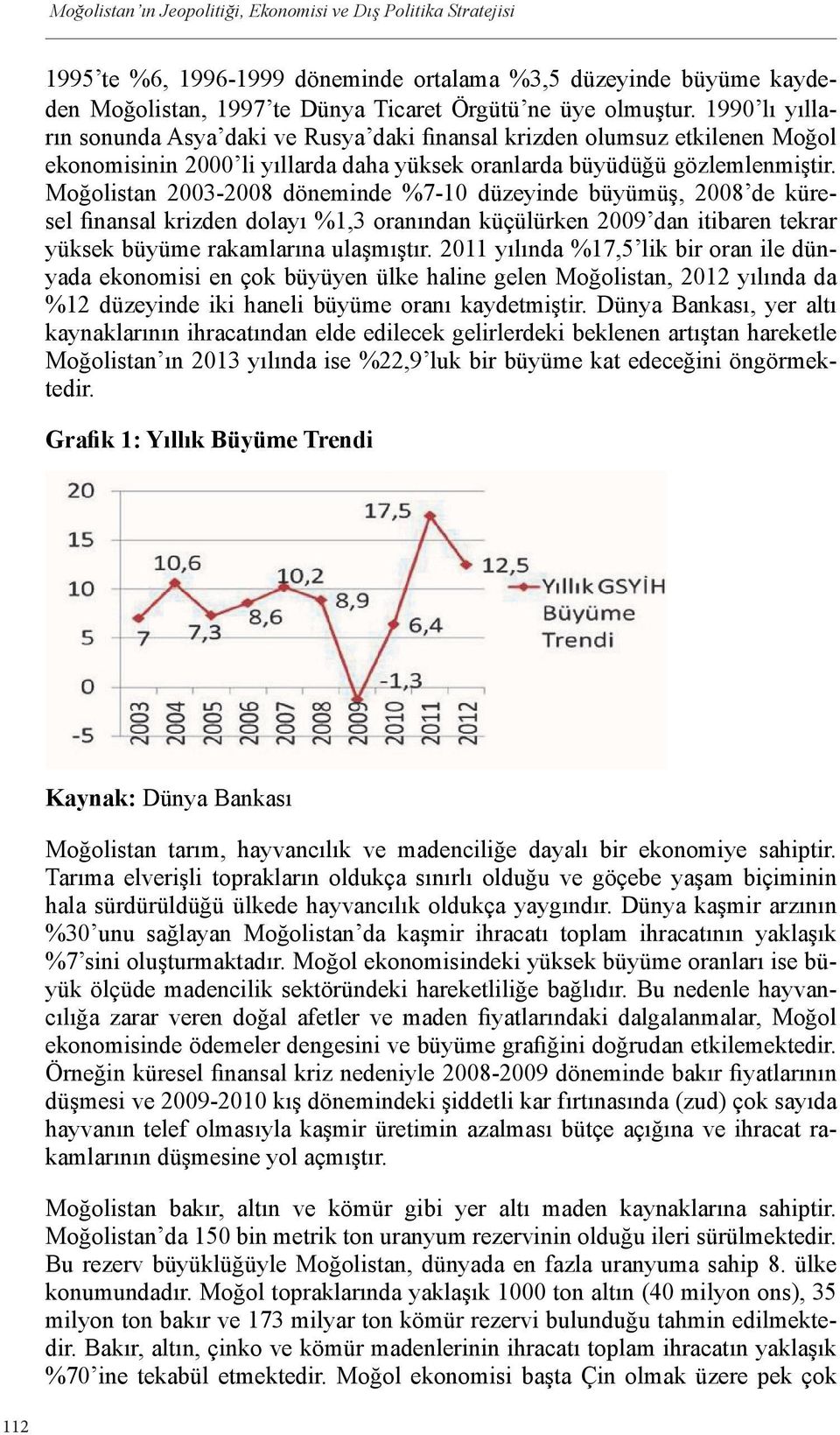 Moğolistan 2003-2008 döneminde %7-10 düzeyinde büyümüş, 2008 de küresel finansal krizden dolayı %1,3 oranından küçülürken 2009 dan itibaren tekrar yüksek büyüme rakamlarına ulaşmıştır.