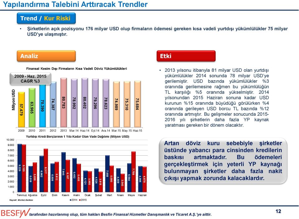 USD bazında yükümlülükler %3 oranında gerilemesine rağmen bu yükümlülüğün TL karşılığı %5 oranında yükselmiştir.