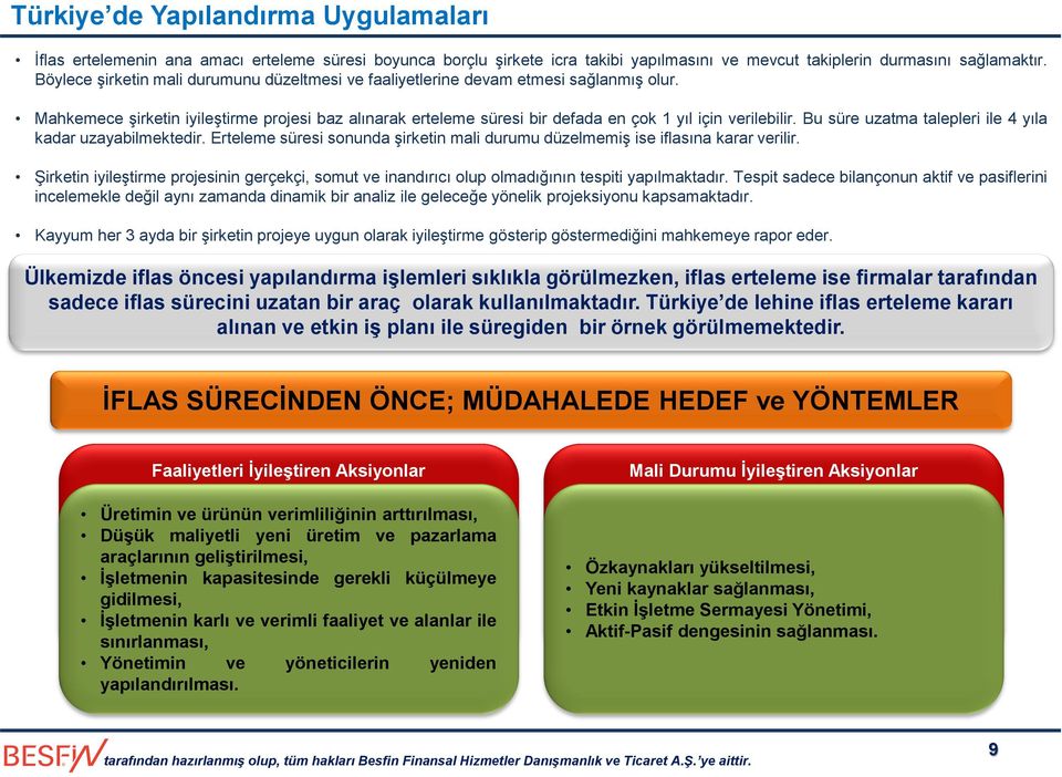 Bu süre uzatma talepleri ile 4 yıla kadar uzayabilmektedir. Erteleme süresi sonunda şirketin mali durumu düzelmemiş ise iflasına karar verilir.