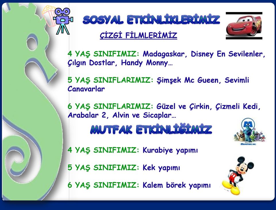 SINIFLARIMIZ: Güzel ve Çirkin, Çizmeli Kedi, Arabalar 2, Alvin ve Sicaplar 4 YAŞ