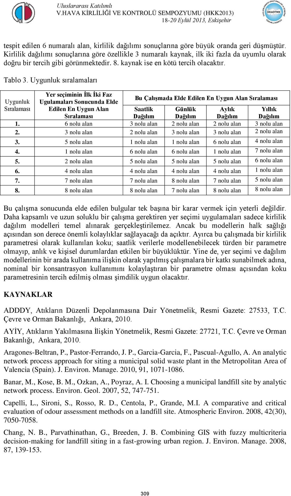 Uygunluk sıralamaları Uygunluk Sıralaması Bu çalışma sonucunda elde edilen bulgular tek başına bir karar vermek için yeterli değildir.