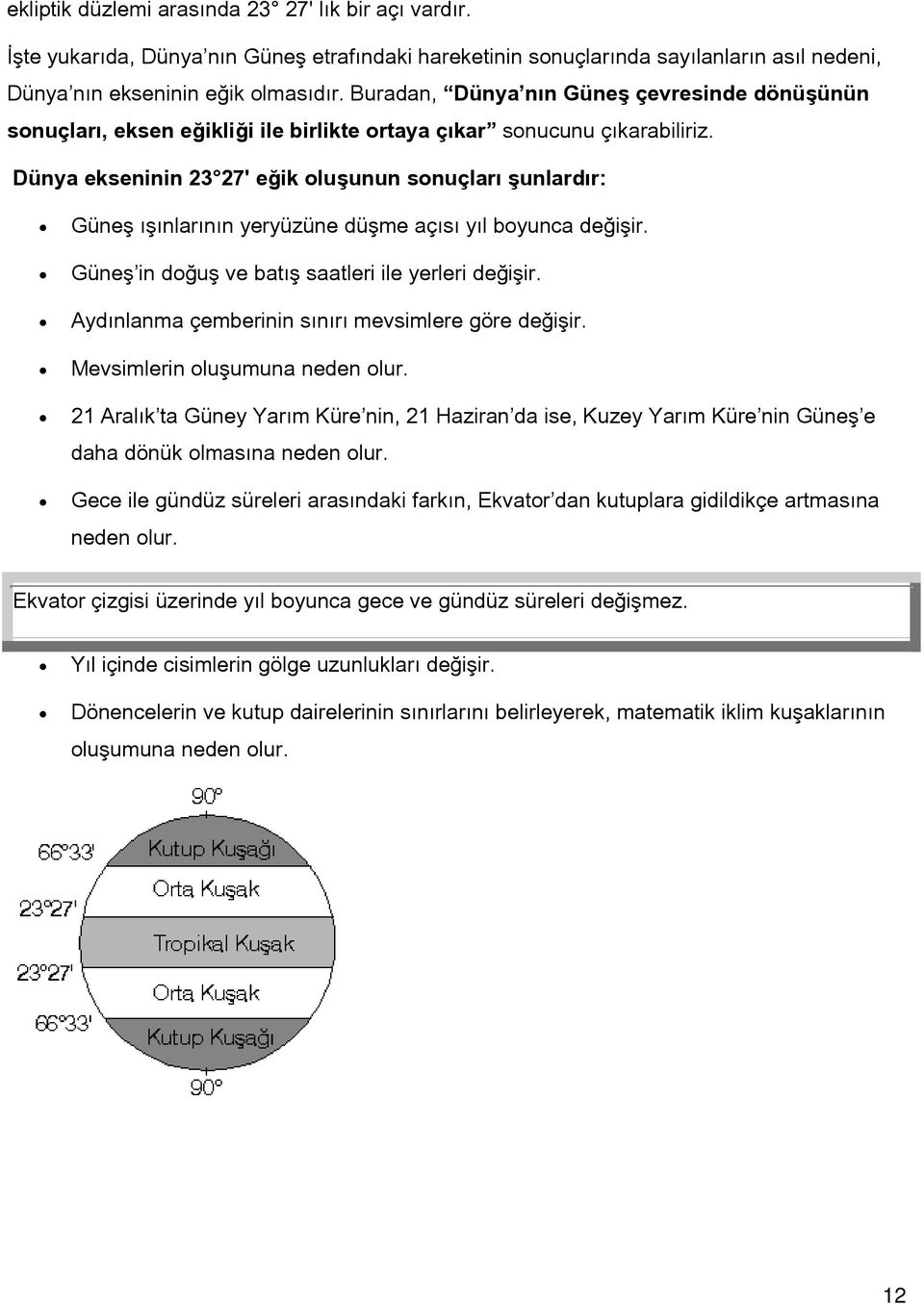 Dünya ekseninin 23 27' eğik oluşunun sonuçları şunlardır: Güneş ışınlarının yeryüzüne düşme açısı yıl boyunca değişir. Güneş in doğuş ve batış saatleri ile yerleri değişir.