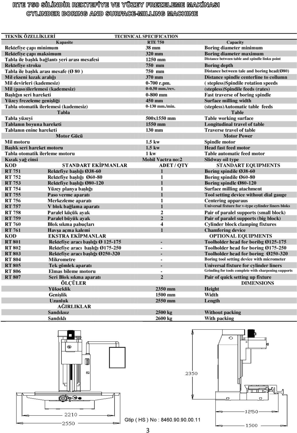 head(ø80) Mil ekseni kızak aralığı 370 mm Distance spindle centerline to collumn Mil devirleri (kademesiz) 0-700 r.pm. ( stepless)spindile rotation speeds Mil (paso)ilerlemesi (kademesiz) 0-0.50 mm.