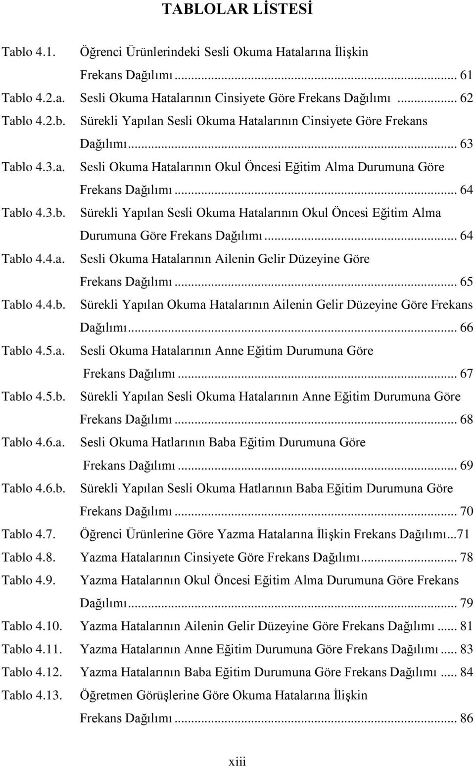 .. 64 Tablo 4.4.a. Sesli Okuma Hatalarının Ailenin Gelir Düzeyine Göre Frekans Dağılımı... 65 Tablo 4.4.b. Sürekli Yapılan Okuma Hatalarının Ailenin Gelir Düzeyine Göre Frekans Dağılımı... 66 Tablo 4.