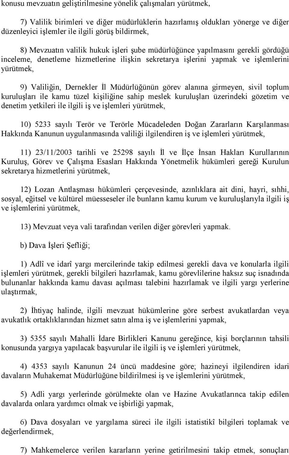 Müdürlüğünün görev alanına girmeyen, sivil toplum kuruluşları ile kamu tüzel kişiliğine sahip meslek kuruluşları üzerindeki gözetim ve denetim yetkileri ile ilgili iş ve işlemleri yürütmek, 10) 5233