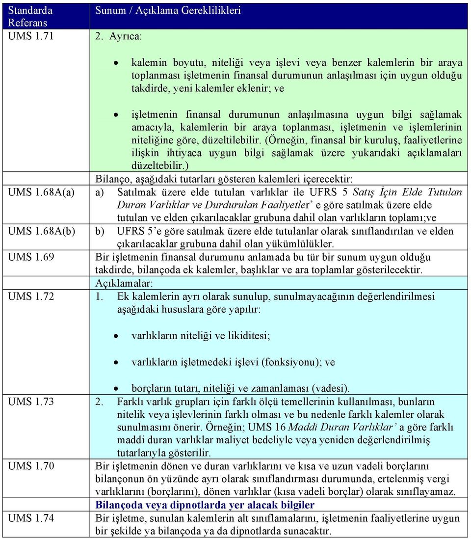 finansal durumunun anlaşılmasına uygun bilgi sağlamak amacıyla, kalemlerin bir araya toplanması, işletmenin ve işlemlerinin niteliğine göre, düzeltilebilir.