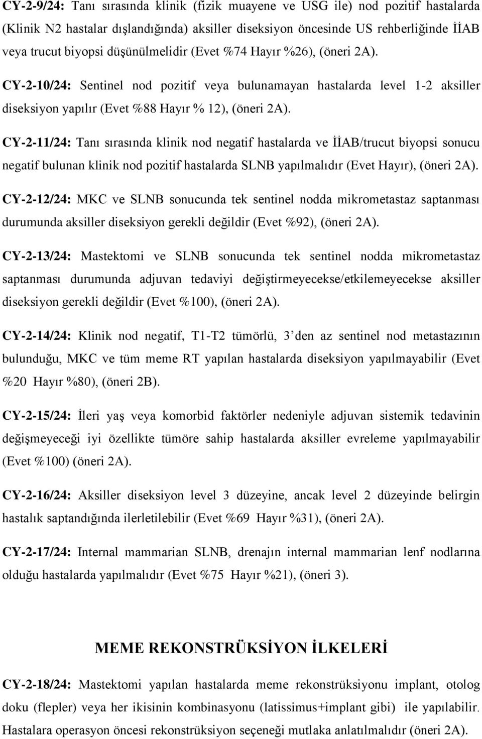 CY-2-11/24: Tanı sırasında klinik nod negatif hastalarda ve İİAB/trucut biyopsi sonucu negatif bulunan klinik nod pozitif hastalarda SLNB yapılmalıdır (Evet Hayır), (öneri 2A).