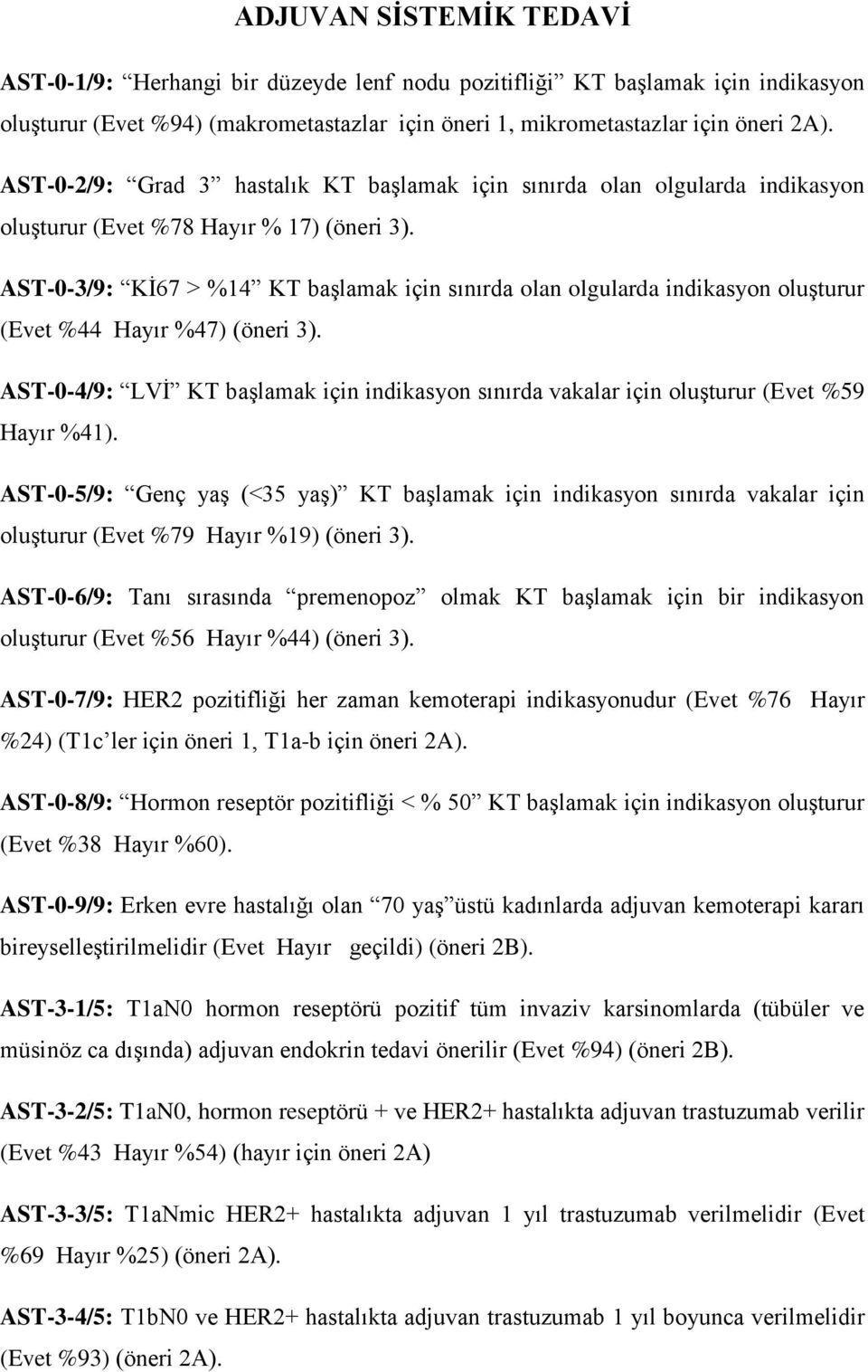 AST-0-3/9: Kİ67 > %14 KT başlamak için sınırda olan olgularda indikasyon oluşturur (Evet %44 Hayır %47) (öneri 3).