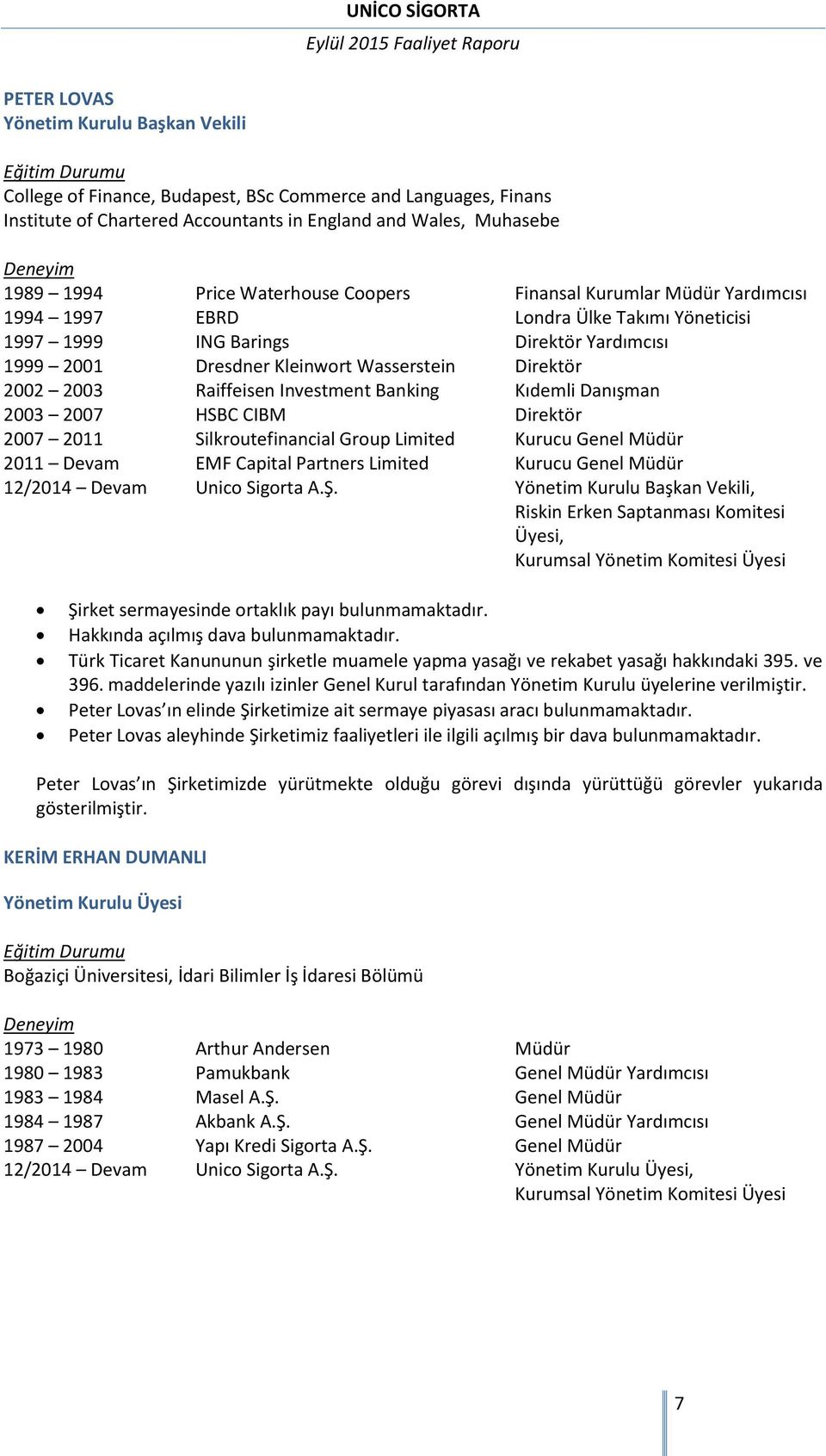 2001 Dresdner Kleinwort Wasserstein Direktör 2002 2003 Raiffeisen Investment Banking Kıdemli Danışman 2003 2007 HSBC CIBM Direktör 2007 2011 Silkroutefinancial Group Limited Kurucu Genel Müdür 2011