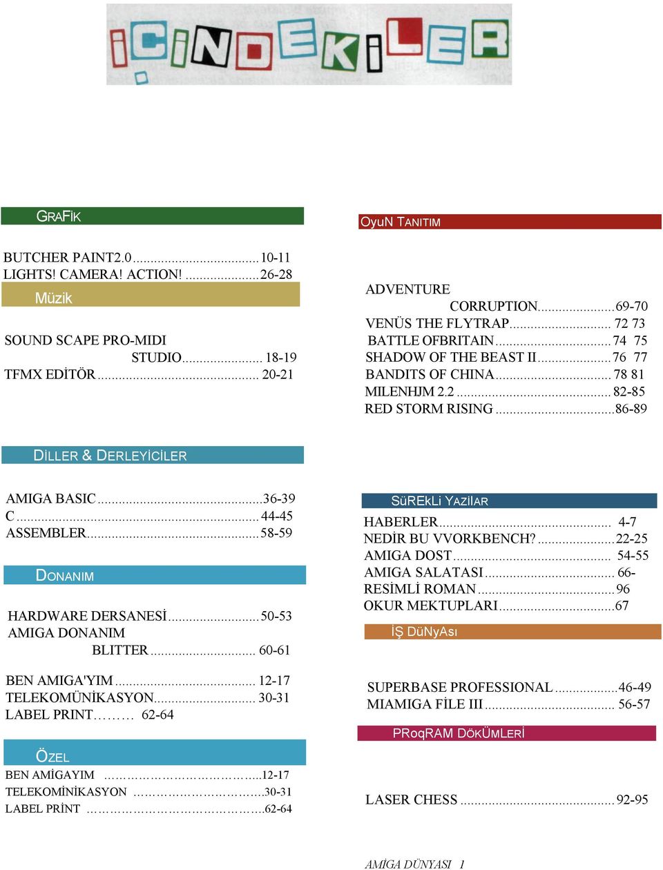 ..58-59 DONANIM HARDWARE DERSANESİ...50-53 AMIGA DONANIM BLITTER... 60-61 BEN AMIGA'YIM... 12-17 TELEKOMÜNİKASYON... 30-31 LABEL PRINT 62-64 ÖZEL BEN AMİGAYIM..12-17 TELEKOMİNİKASYON.