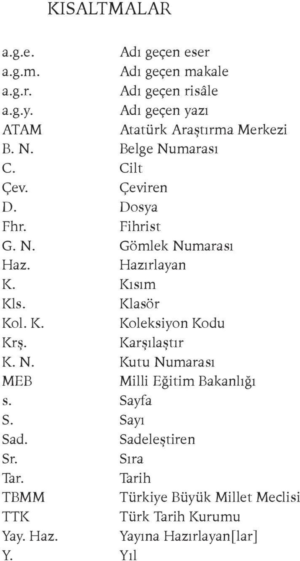 Hazırlayan K. Kısım Kls. Klasör Kol. K. Koleksiyon Kodu Krş. Karşılaştır K. N. Kutu Numarası MEB Milli Eğitim Bakanlığı s.