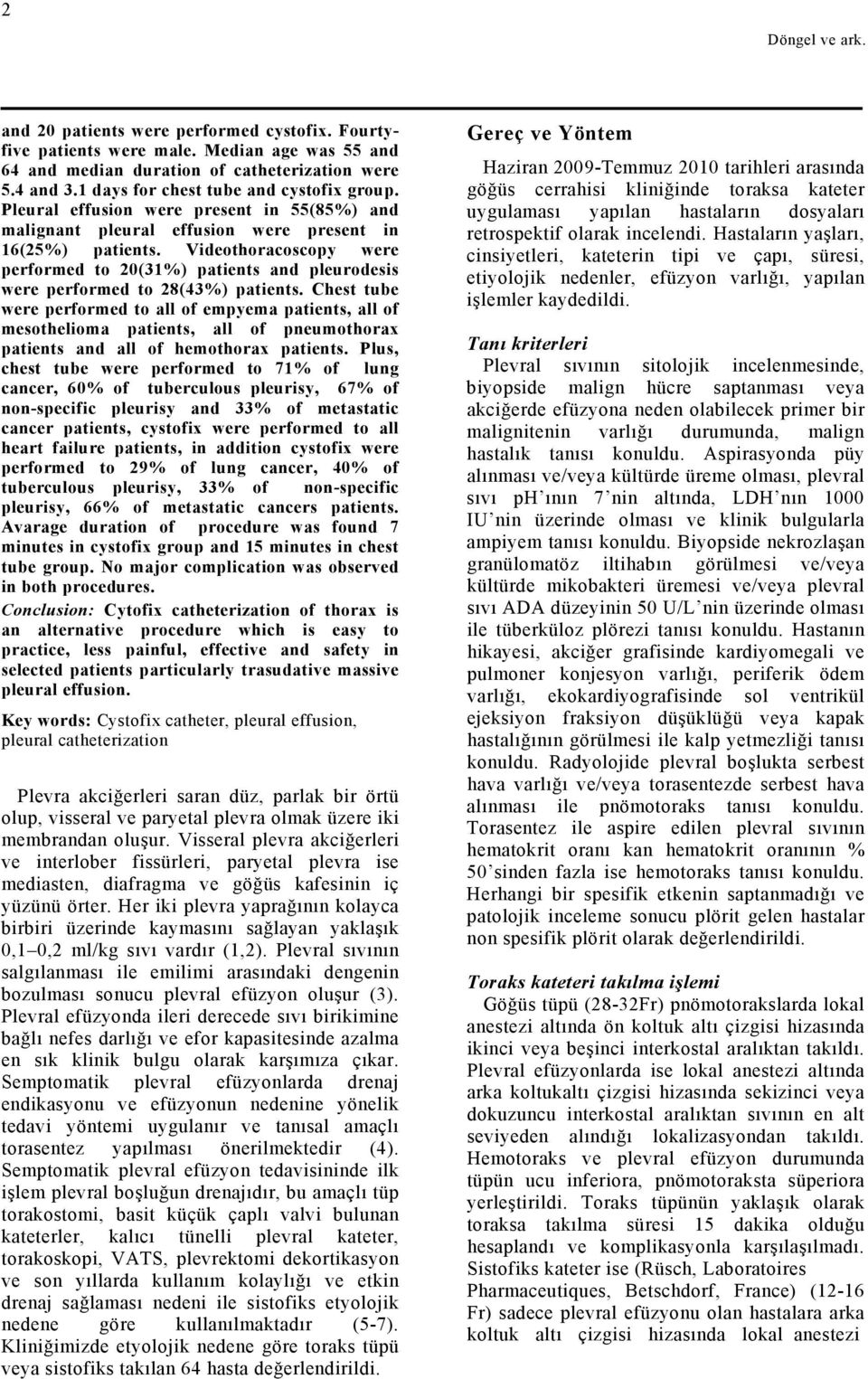 Videothoracoscopy were performed to 20(31%) patients and pleurodesis were performed to 28(43%) patients.