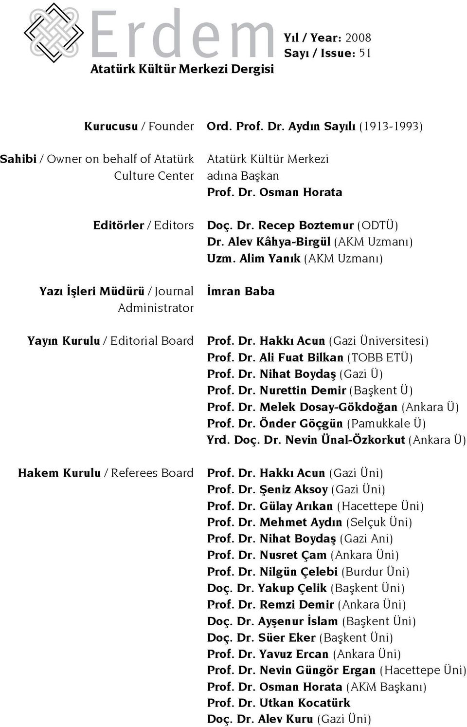 Alev Kâhya-Birgül (AKM Uzmanı) Uzm. Alim Yanık (AKM Uzmanı) Yazı İşleri Müdürü / Journal İmran Baba Administrator Yayın Kurulu / Editorial Board Prof. Dr. Hakkı Acun (Gazi Üniversitesi) Prof. Dr. Ali Fuat Bilkan (TOBB ETÜ) Prof.