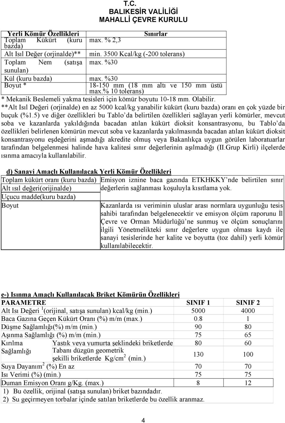 **Alt Isıl Değeri (orjinalde) en az 5000 kcal/kg yanabilir kükürt (kuru bazda) oranı en çok yüzde bir buçuk (%1.