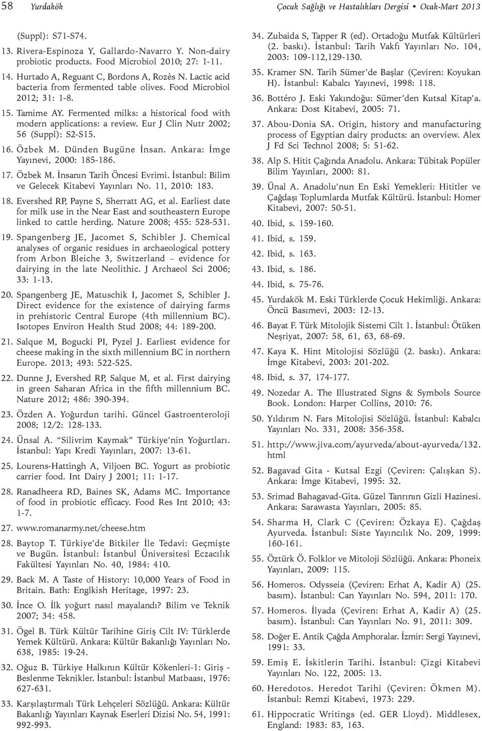 Fermented milks: a historical food with modern applications: a review. Eur J Clin Nutr 2002; 56 (Suppl): S2-S15. 16. Özbek M. Dünden Bugüne İnsan. Ankara: İmge Yayınevi, 2000: 185-186. 17. Özbek M. İnsanın Tarih Öncesi Evrimi.