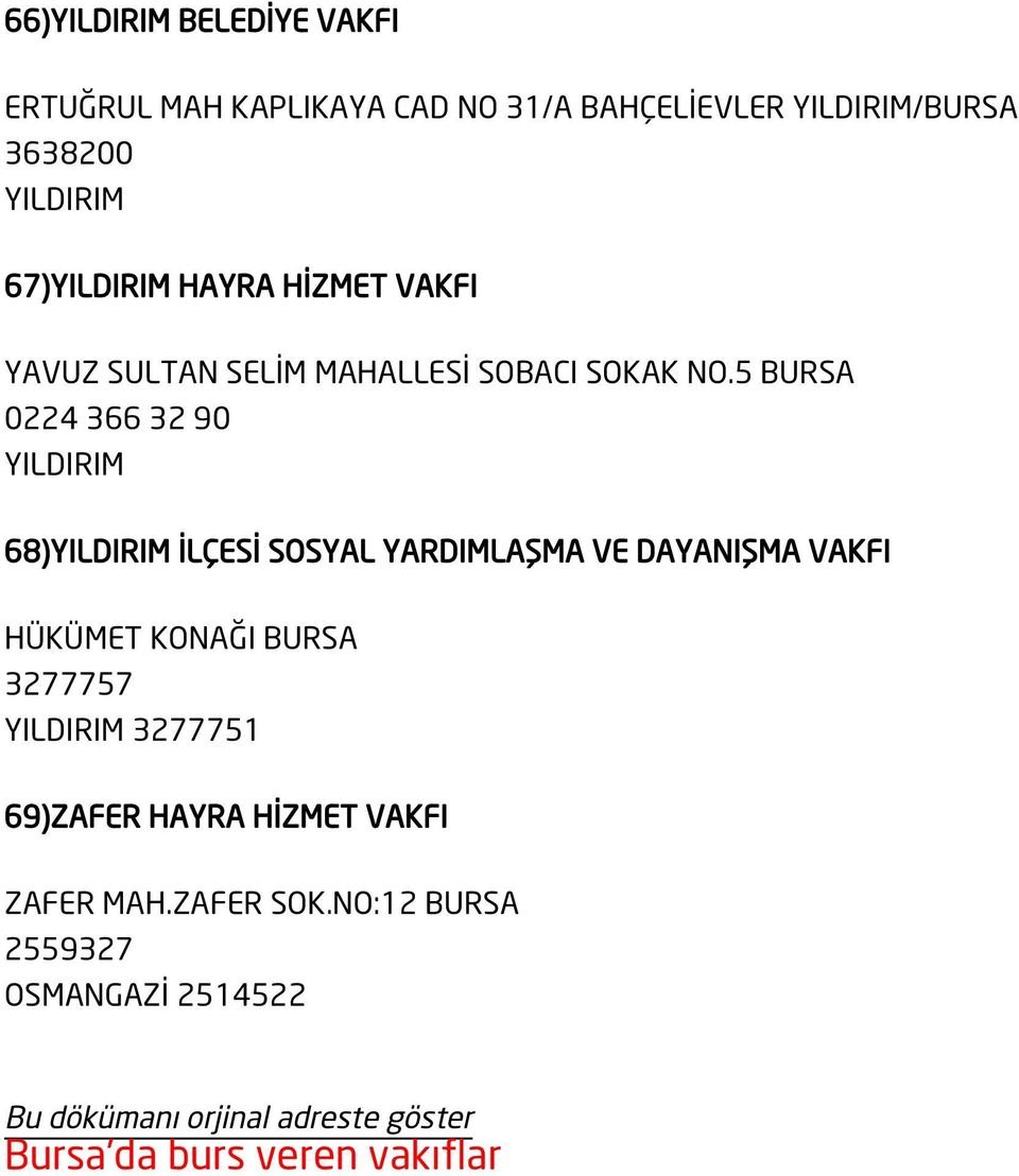 5 BURSA 0224 366 32 90 YILDIRIM 68)YILDIRIM İLÇESİ SOSYAL YARDIMLAŞMA VE DAYANIŞMA VAKFI 3277757 YILDIRIM