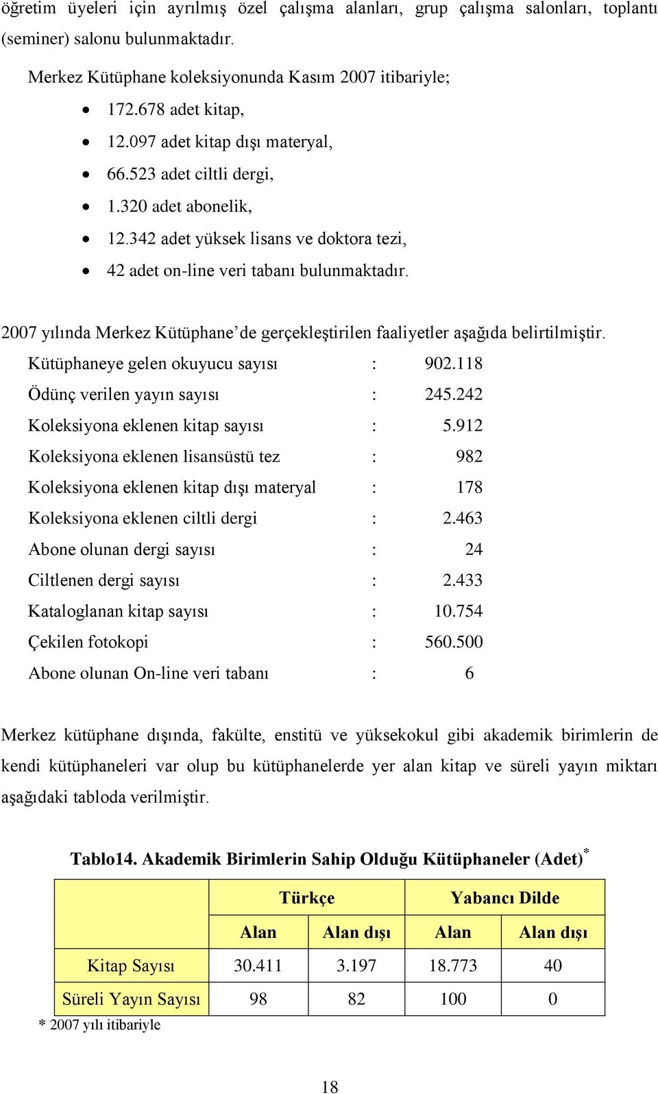 2007 yılında Merkez Kütüphane de gerçekleştirilen faaliyetler aşağıda belirtilmiştir. Kütüphaneye gelen okuyucu sayısı : 902.118 Ödünç verilen yayın sayısı : 245.