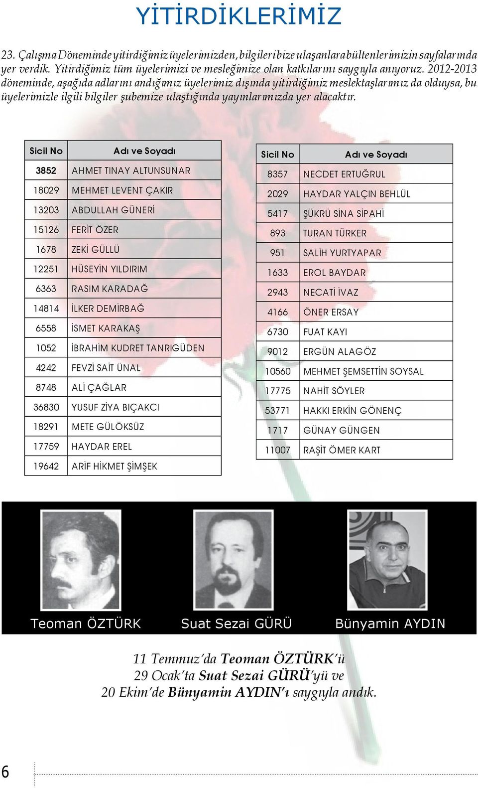 2012-2013 döneminde, aşağıda adlarını andığımız üyelerimiz dışında yitirdiğimiz meslektaşlarımız da olduysa, bu üyelerimizle ilgili bilgiler şubemize ulaştığında yayınlarımızda yer alacaktır.